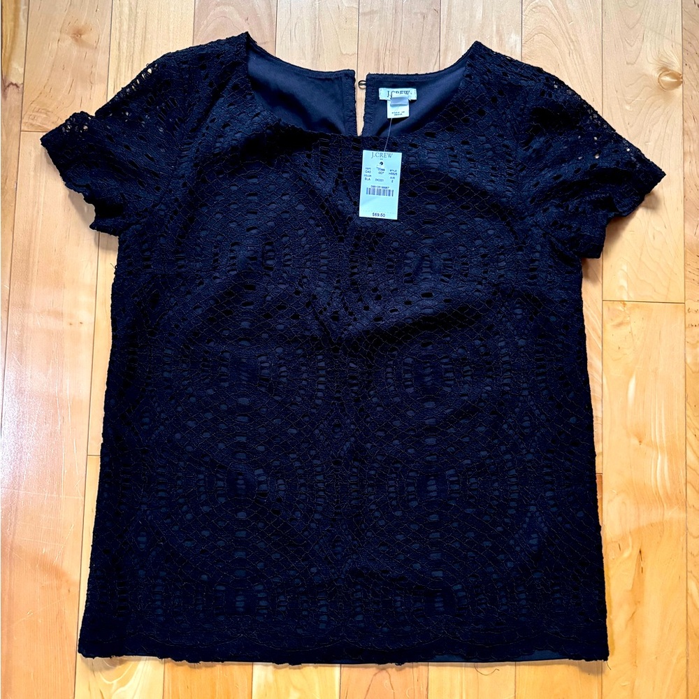 J Crew NWT Women's Size 2 short sleeve black lace t-shirt Msrp $69.50